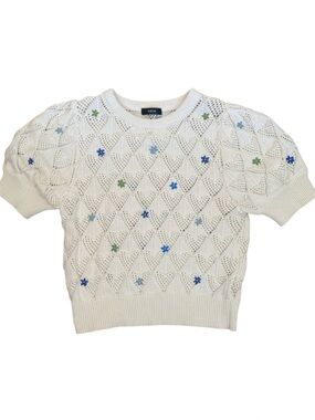 Aqua 100% Cotton Pointelle Knit Sweater Floral Embroider Cottagecore Soft Girl S